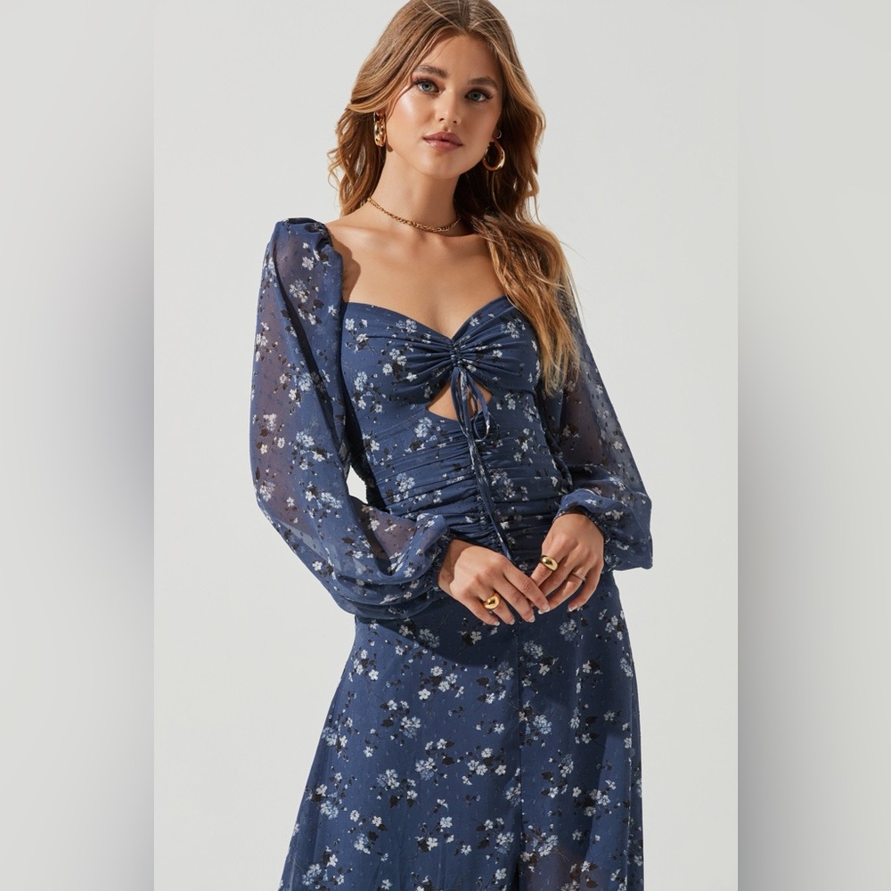 Astr Blue Floral Dress with Long Sleeves
